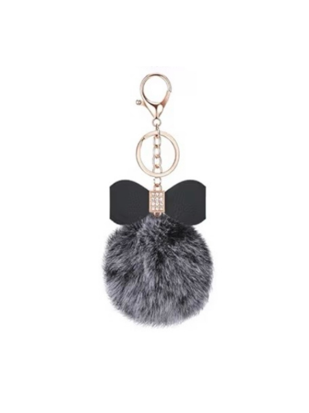 Black & Gray Faux Fur Pom Pom Keychain with Bow